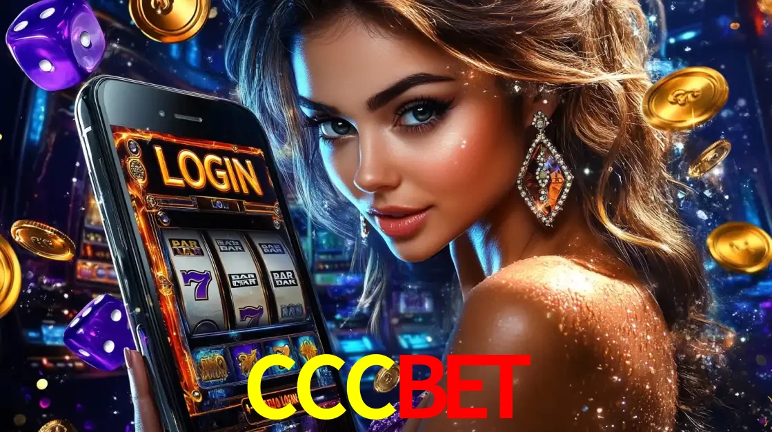 Mulher glamorosa segurando um smartphone com a tela de login para os jogos de caça-níqueis do cassino online CCCBET, com moedas de ouro e dados ao redor.