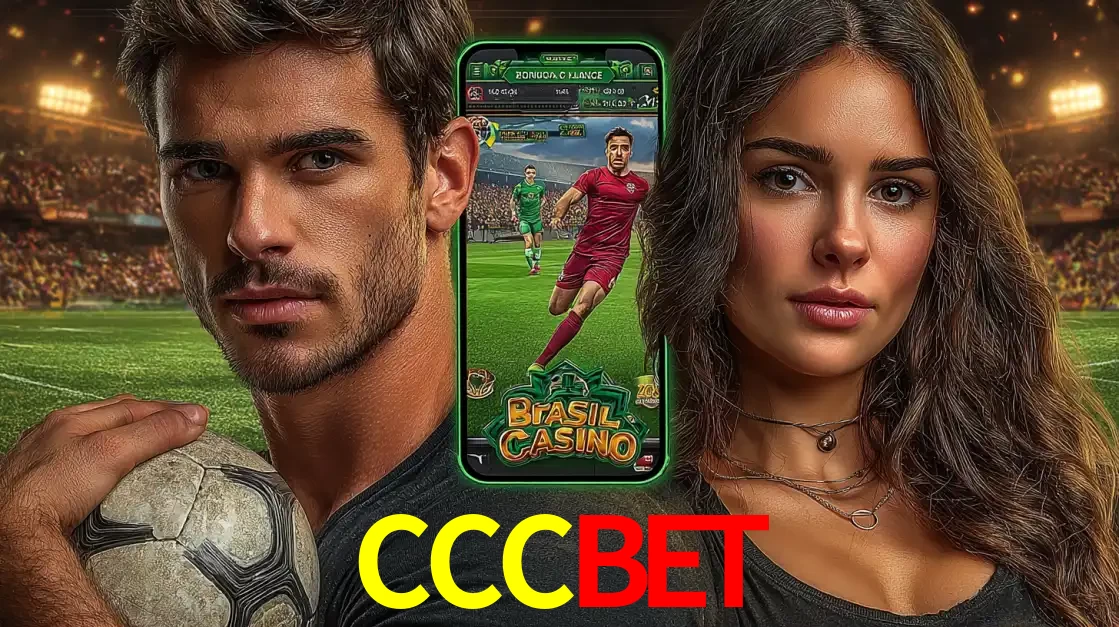 Homem segurando uma bola de futebol e uma mulher ao lado de um smartphone exibindo o jogo de apostas esportivas da CCCBET. Faça seu palpite no cassino online.